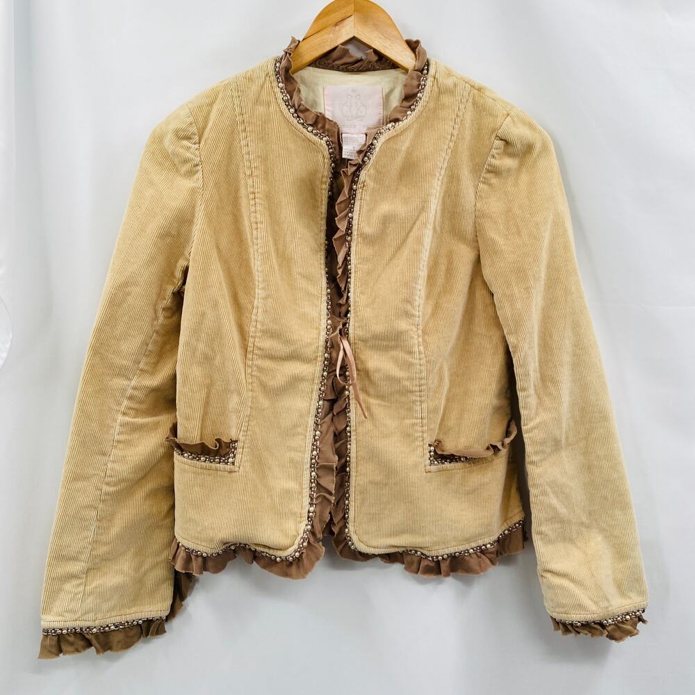 Rebecca Taylor cream corduroy ruffle beaded trim jacket